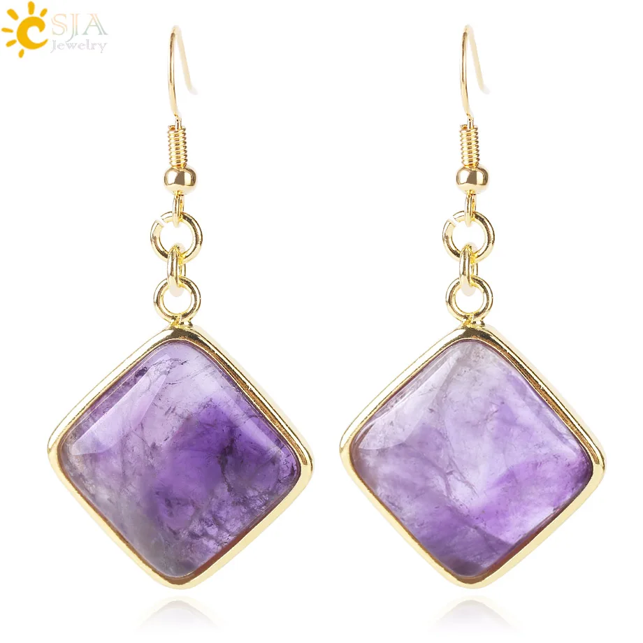 

CSJA Natural Stone Rhombus Earrings Gold Color Geometry Dangle Earring Square Beads Purple Crystal for Women Charms Jewelry F501