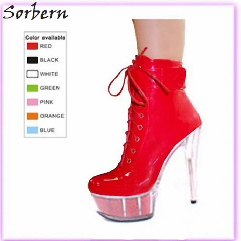 

Sorbern Shiny Pu Ankle Boots Color Core Evening Dress Shoes Super High Hees Fashion Shoes Women Designers Zipper Cross-Tied Boot