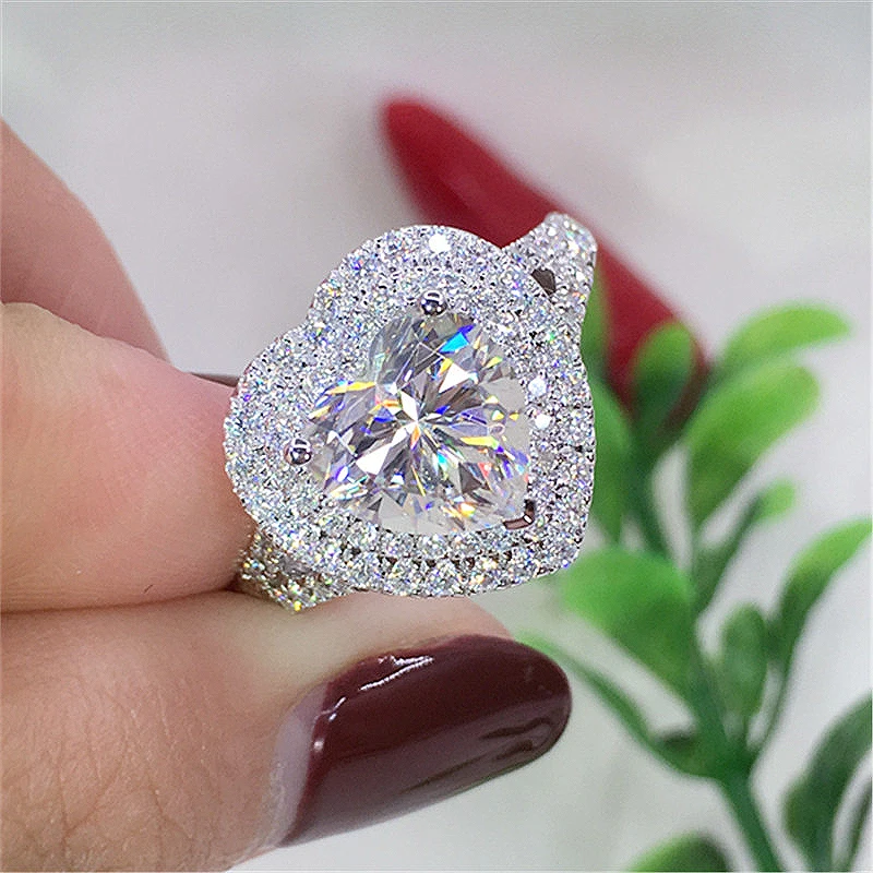 Цельный 18 к белое золото 1ct сердце обручальное свадебный набор Halo Moissanite кольцо набор для женщин