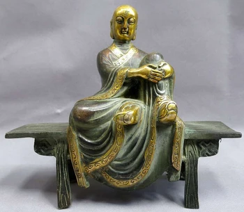

[old craft ] 7" China bronze gild buddhism copper carved wooden bench buddha sculpture Statue (A0314)
