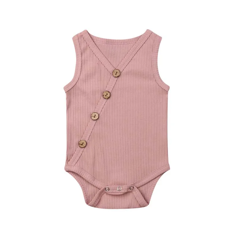 Брендовая детская одежда для маленьких мальчиков и девочек, однотонный хлопковый боди, повседневный летний комбинезон без рукавов с пуговицами и v-образным вырезом, пляжный костюм для детей 0-24 месяцев - Цвет: Розовый