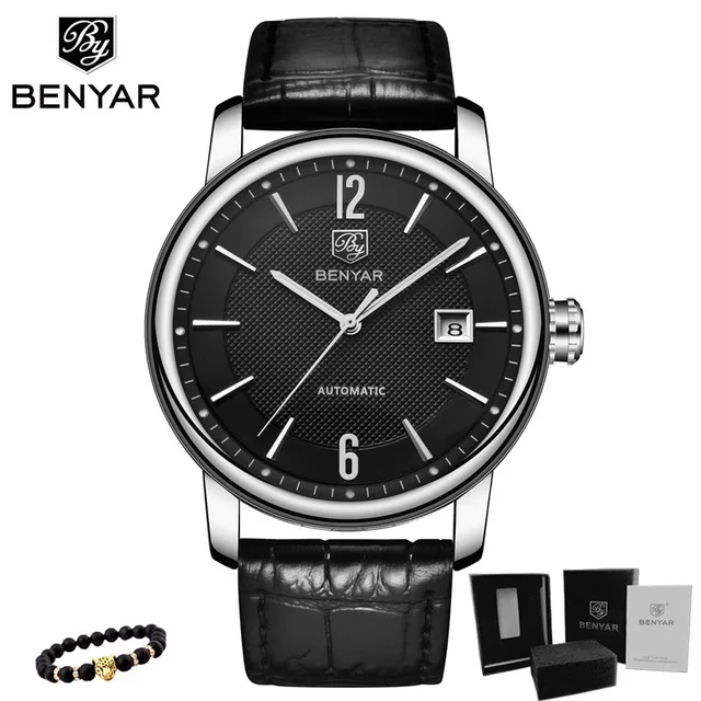 BENYAR 2020 New Fashion Top Luxury Brand Leather Watch Automatic Men Wristwatch Men Mechanical Steel Watches Relogio Masculino Leather-Black