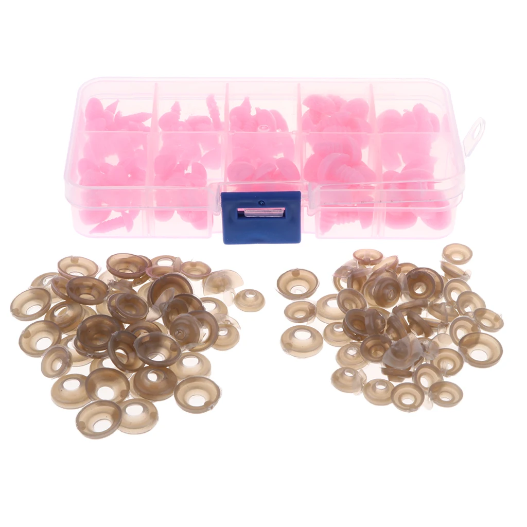 Box of 100 Pieces 7-13mm Plastic Safety Eyes Noses with Washers for Puppet Bear Doll Animal Stuffed Toys DIY Sewing Craft Pink