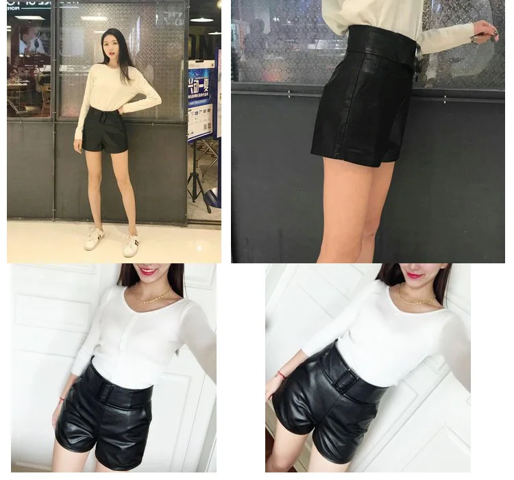 Женские черные шорты из искусственной кожи с поясом и карманами, шорты с высокой талией, женские широкие брюки, корейские шорты на осень и зиму
