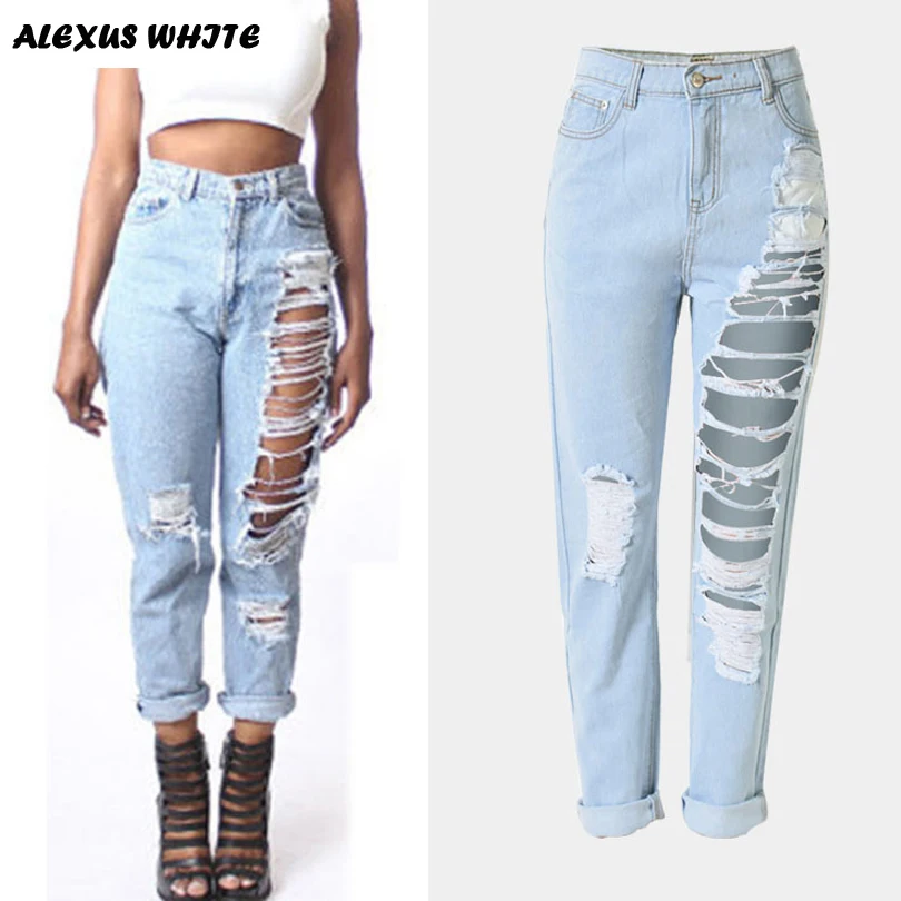 Hole Denim Trousers font b Women b font 2017 Loose Straight Pants Capris Fashion Female Loose