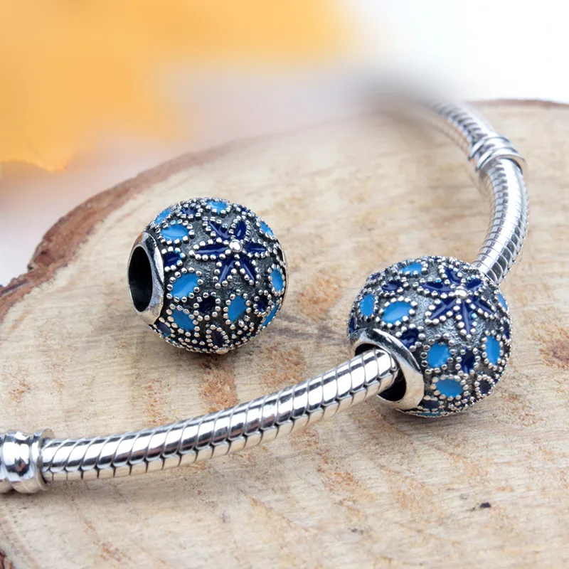 Цветочные серебряные 3 оттенка голубой Эмаль Шарм Бусины Подходят браслет 925 пробы серебряные ювелирные изделия