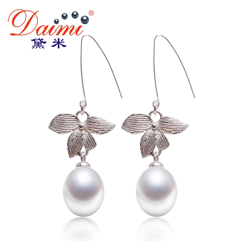 

DAIMI Long Flower Earrings 925 Sterling Silver with Natural Pearl Earrings Lone Leaves Earrings 2017 New