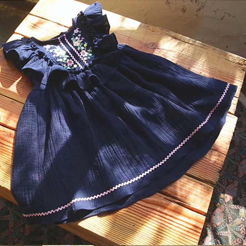 Платья для маленьких девочек платье в стиле бохо детское платье одежда для детей 6 лет летнее платье для девочек, костюм для девочек корейское платье для девочек - Цвет: Navy