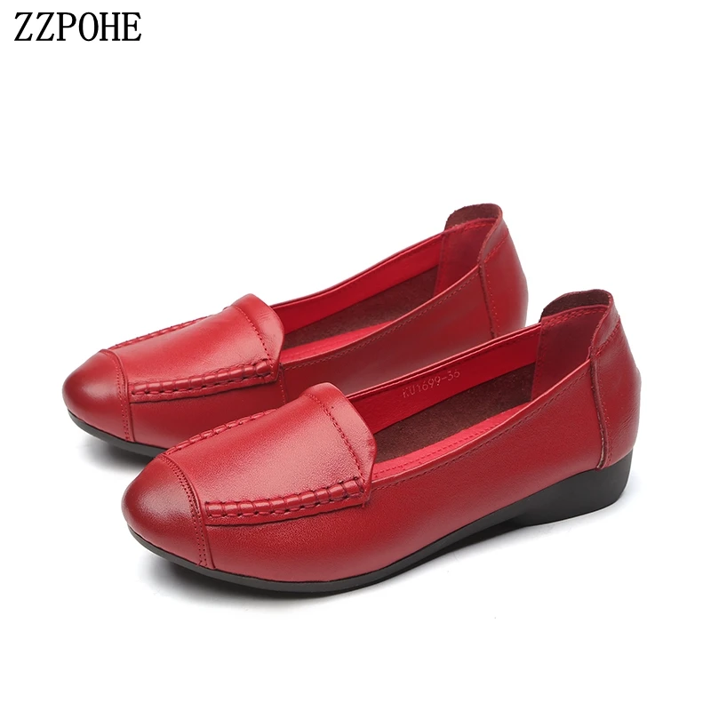 

ZZPOHE Woman Genuine Leather Flat Shoes Spring Autumn Fashion Female Soft Casual Women Flats Woman Flat Work Shoes Mother Shoes
