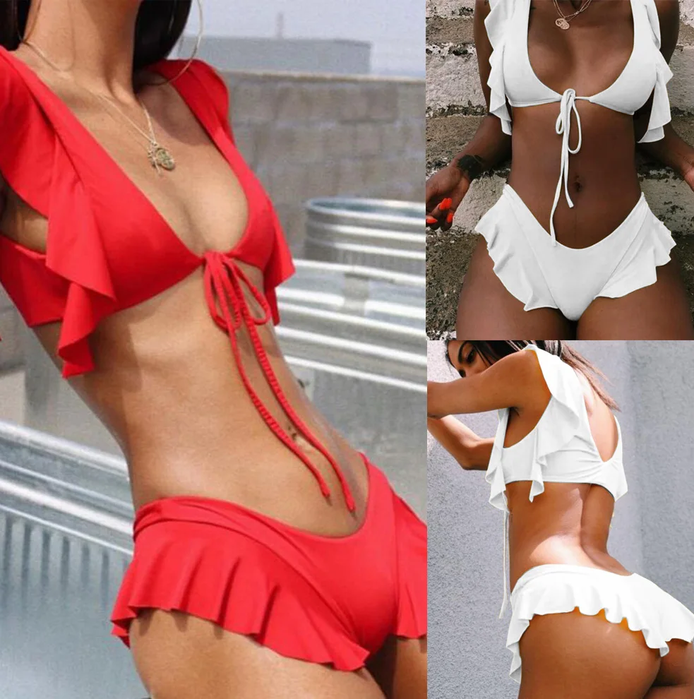 

CK110 Bikini Pure Color Bathing Suit 2019 Ladies Split Tether Swimsuit Sexy Bathing Suits Low Waist Swimsuit