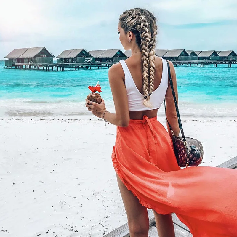 Liva/пляжные юбки для женщин для девочек, новинка года, повседневные модные темно-синие шифоновые свободные штаны с оборками на талии, LC77034, черный, серый