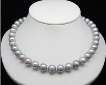 

HUGE AAA 9-10MM ROUND SOUTH SEA GENUINE GRAY PEARL NECKLACE 925silver Gold Clasp