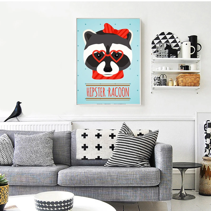 

Cartoon Animal Art Canvas Print Painting Poster , Cute Racoon Wall Pictures For Children Room Decor Nursery Home Decoration