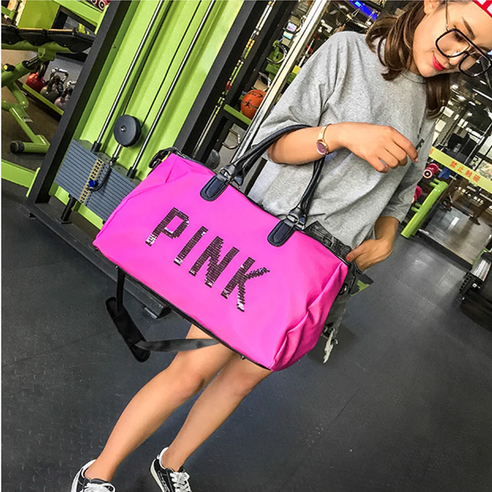 2019 Wobag Ladies Black Travel Bag Pink Sequins Shoulder Bag Women Handbag Ladies Weekend Portable Duffel Bag Waterproof Wash20