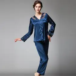 Пижама трико для сна 2019 весна осень женский атласный Шелковый пижамный комплект высокого качества женская ночная рубашка женское