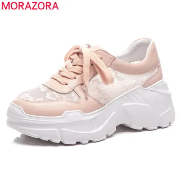 

MORAZORA 2019 newest genuine leather +air mesh summer shoes round toe flat platform shoes ladies comfortable sneakers pink