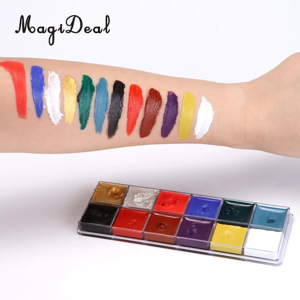 12 Color Safe Non-Toxic Oil Based Face Body Art Paint Palette Cosmetics with 10pcs Painting Brush for Party Fancy Dress Makeup