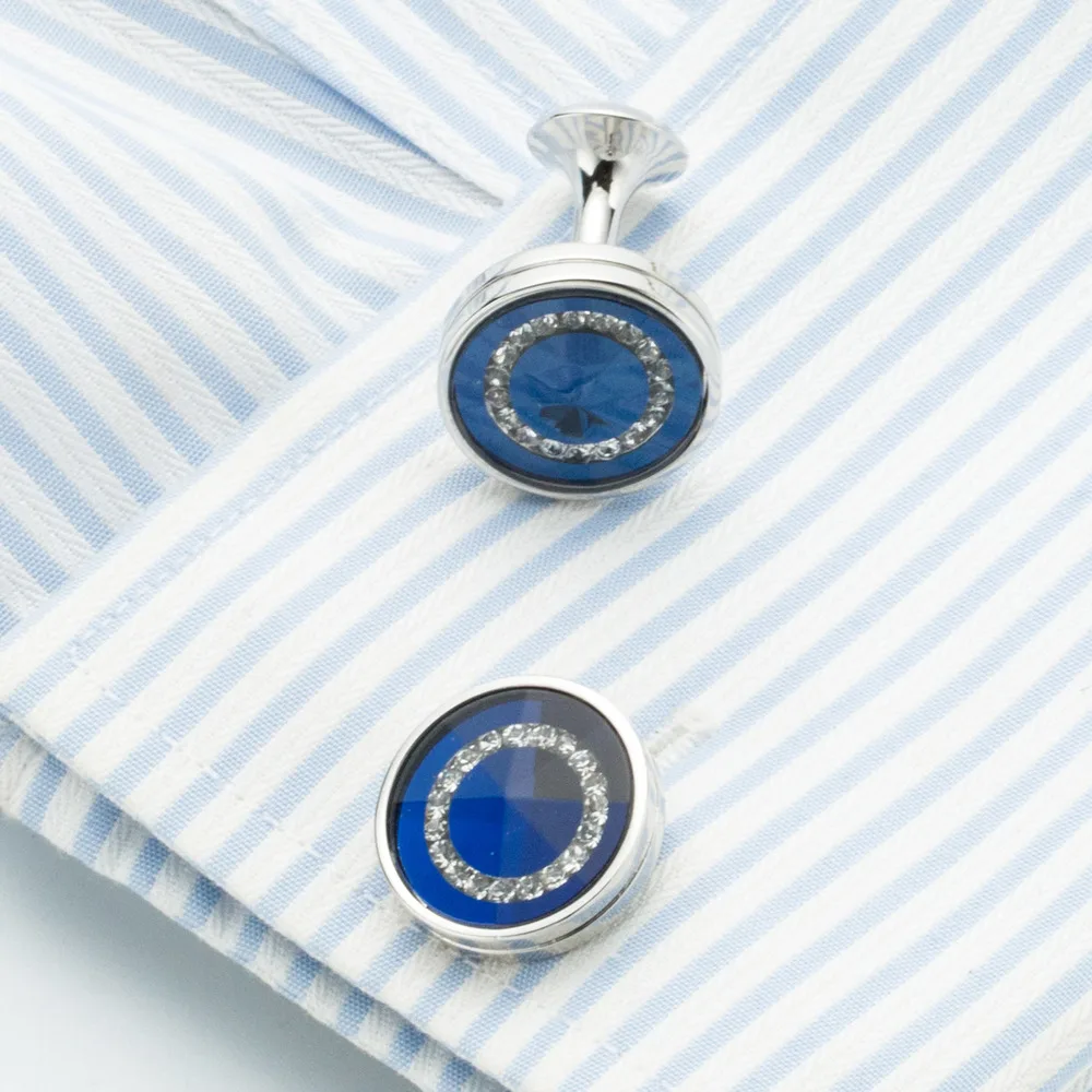 

High Quality Men's Cuff link Round Silver Plating Blue Painting Men's Shirt cufflinks mens Tie Clips & Cufflinks 706