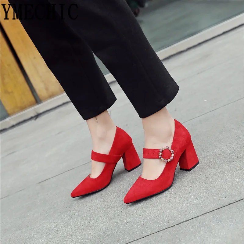 

YMECHIC 2019 Fashion Crystal Buckle Party Dress Mary Jane Women Shoes High Heel Pointed Toe Stable High Heels Pumps Red Pink