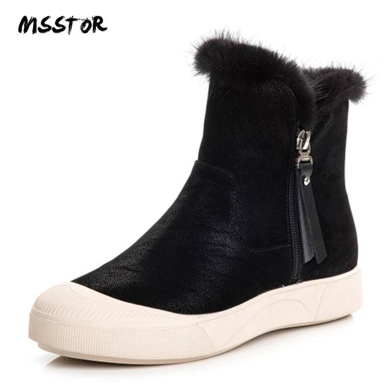 

MSSTOR Black Zipper Fur Boots Fashion Casual Short Boots Winter Comfortable Ankle Boots For Women Rubber Round Toe Ladies Boots