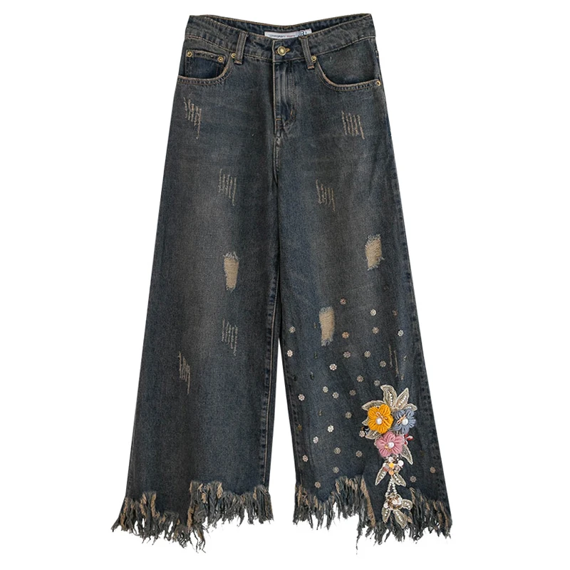 Весенне-осенние винтажные женские джинсовые брюки с вышитыми цветами и жемчужинами, заклепками и кисточками, женские джинсы с блестками