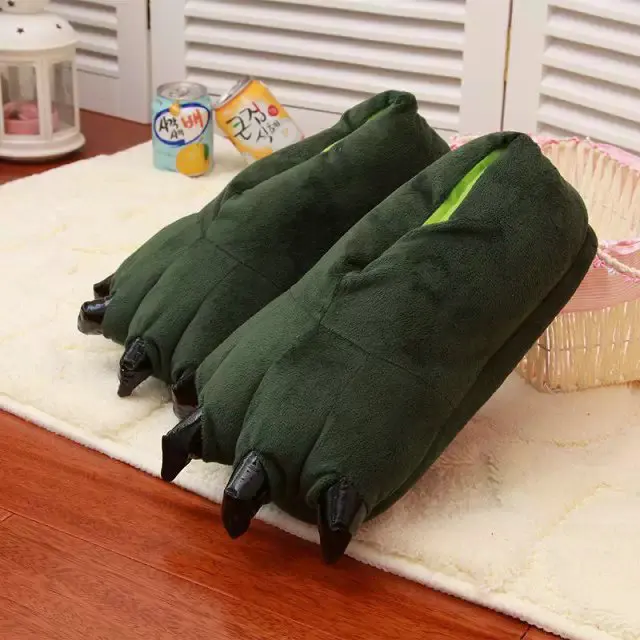 Прямая ; Сезон Зима; интересный Семейные комплекты обувь дутая утолщенная нескользящая обувь пышные детские тапочки из кораллового флиса с принтом динозавра обувь-когти - Цвет: Зеленый