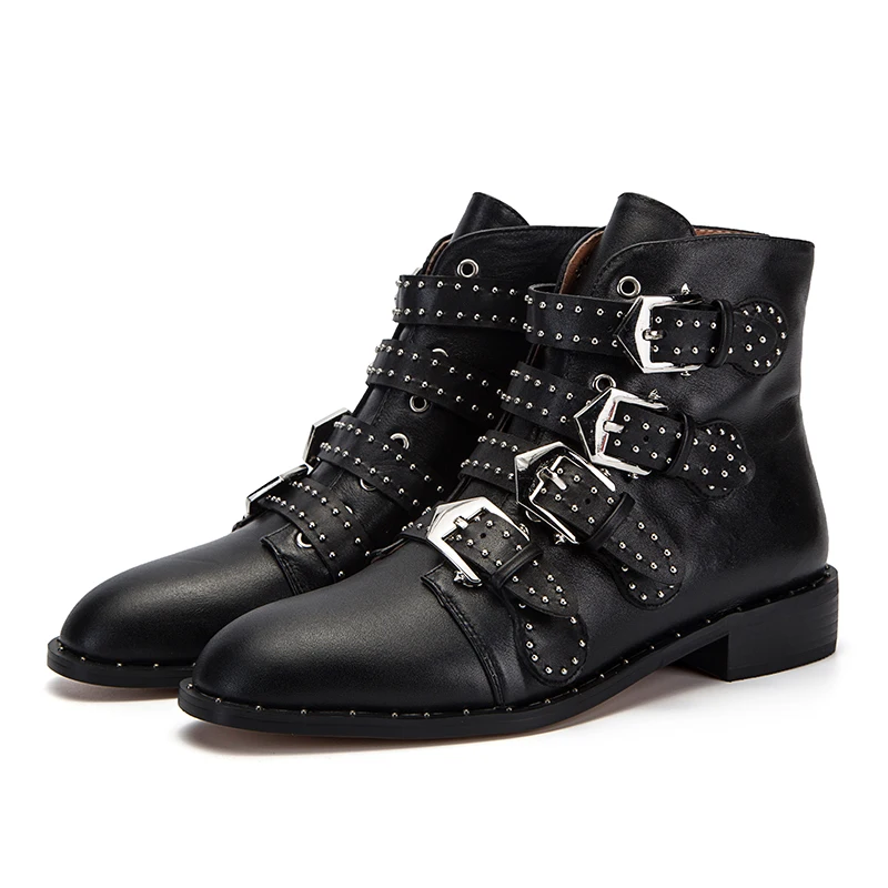 

Eunice Choo Buckle Strap Suede Leather Ankle Boots Low Heel Punk Motorcycle Boots Round Toe Rock Shoes Women
