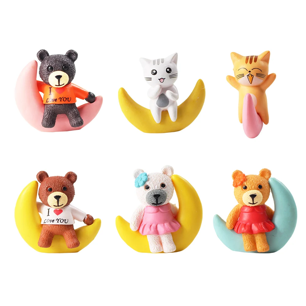 4 6 шт./лот/милые медведи и кошки сидят на Луне фигурка модель игрушки милые животные медведь кошка с Луной фигурка для детей день рождения