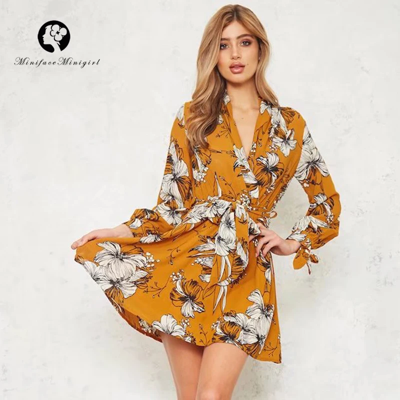 Summer Floral Print Women Dress Yellow Mini Full Sleeve with Sashes Female Beach Casual Party Vestidos 2018 | Женская одежда