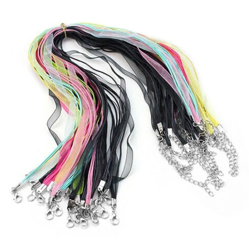 

10pcs Multicolor Organza Silk Ribbon Waxen Cord Lobster Clasp Necklace Adjustable Spinning Necklaces Handmade DIY Jewelry Making