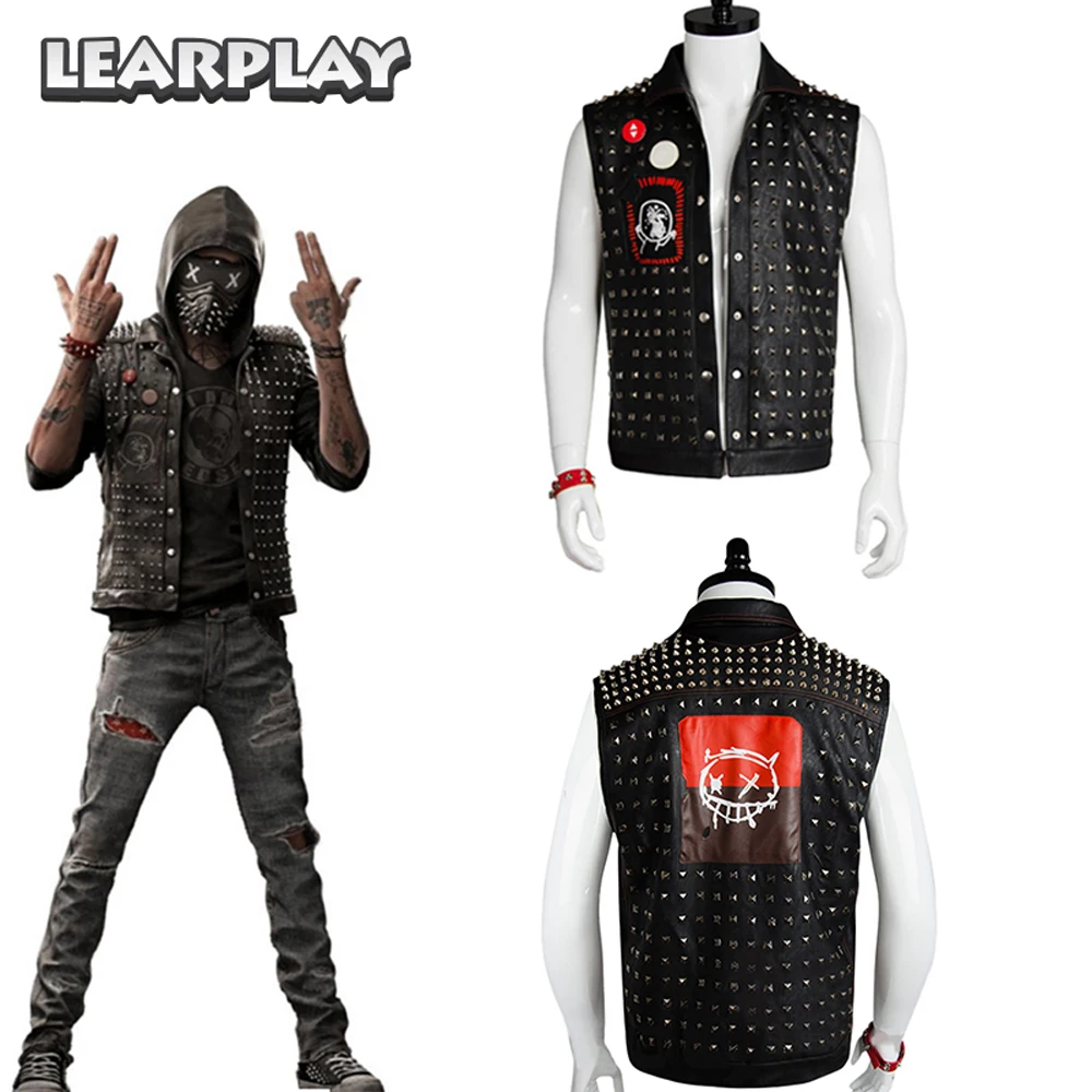 маска ренча из watch dogs 2 Watch Dogs Wrench Cosplay Vest Black Faux Leather Dedsec Rivet Vests Costume&Mask Badges|cosplay