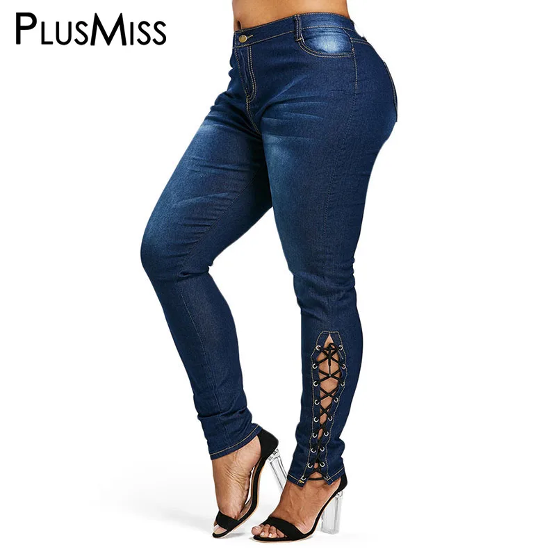 

PlusMiss Plus Size Sexy Side Lace Up Skinny Jeans Female High Waist Women Zipper Fly Denim Pants Ladies Blue Hole Jeans Ladies