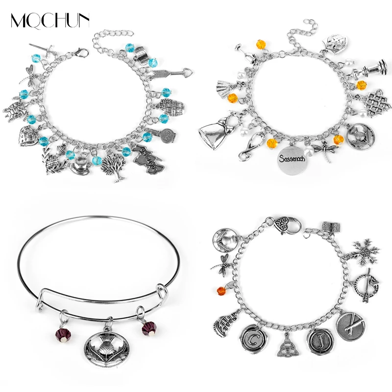 

4 Styles TV Jewelry Outlander Bracelet Scottish Thistle Dragonfly Sassenach Handmade Links Chain Charm Wristlet Bracelet Bangles
