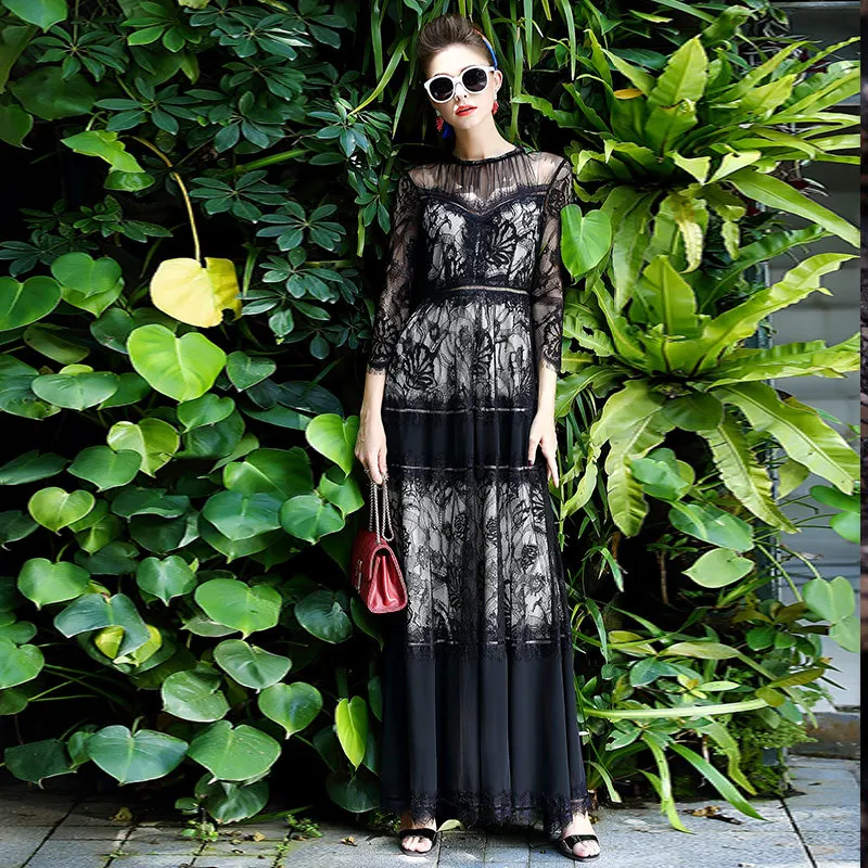 

High Quality 2017 Women's 3/4 Sleeve Lace Patchwork Vintage Black Long Dress runway Fashion Designer Party Maxi Dress