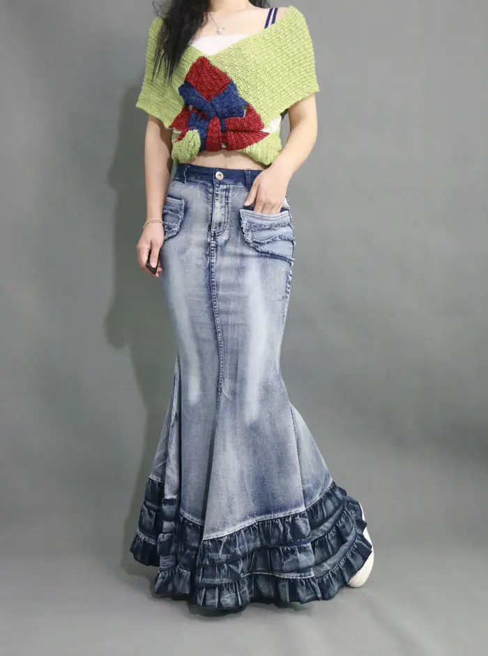 Винтажные джинсовые юбки, новая мода, женская облегающая синяя джинсовая юбка в стиле хип-хоп, посылка, Женская длинная юбка-Русалка с оборками