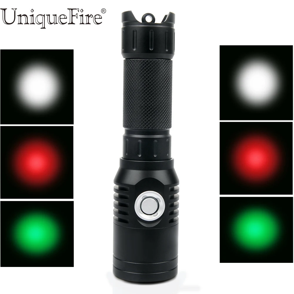 

UniqueFire Tactical Flashlight XPE Led (White/Red/Green) Torch Rechargeable Waterproof Hunting Light Rechargeable Battery 18650