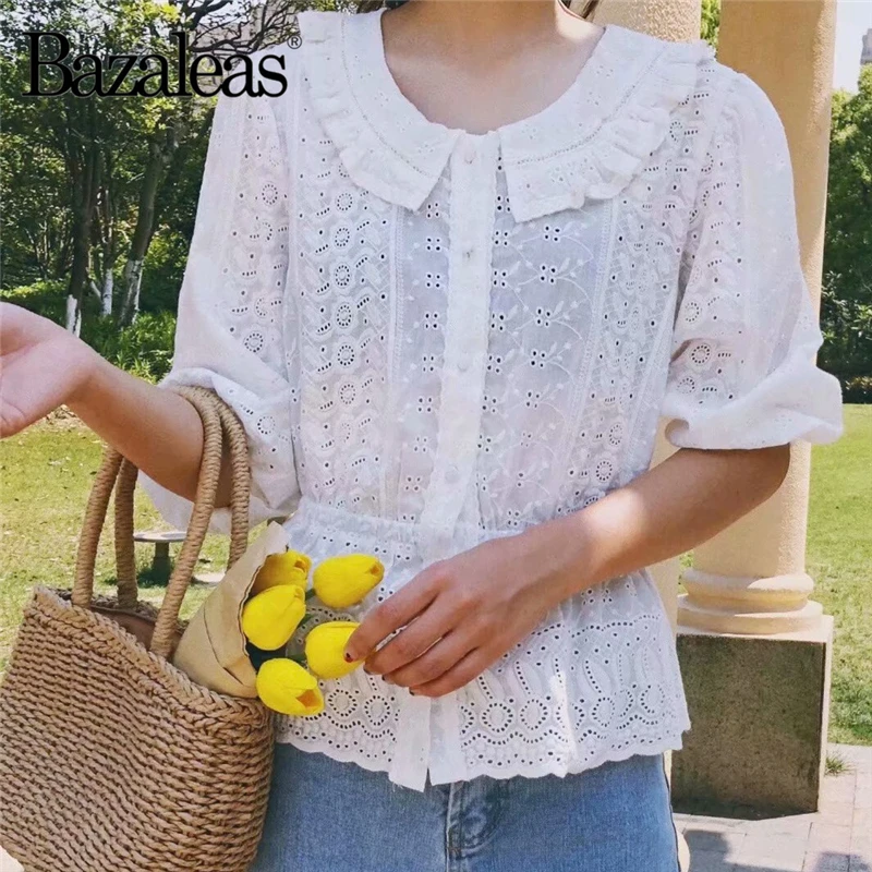 

Bazaleas Buttons Blusa Feminina Chic White Peter pan Blouse Vintage Hollow Out Lace Womens Tops blusas drop shipping