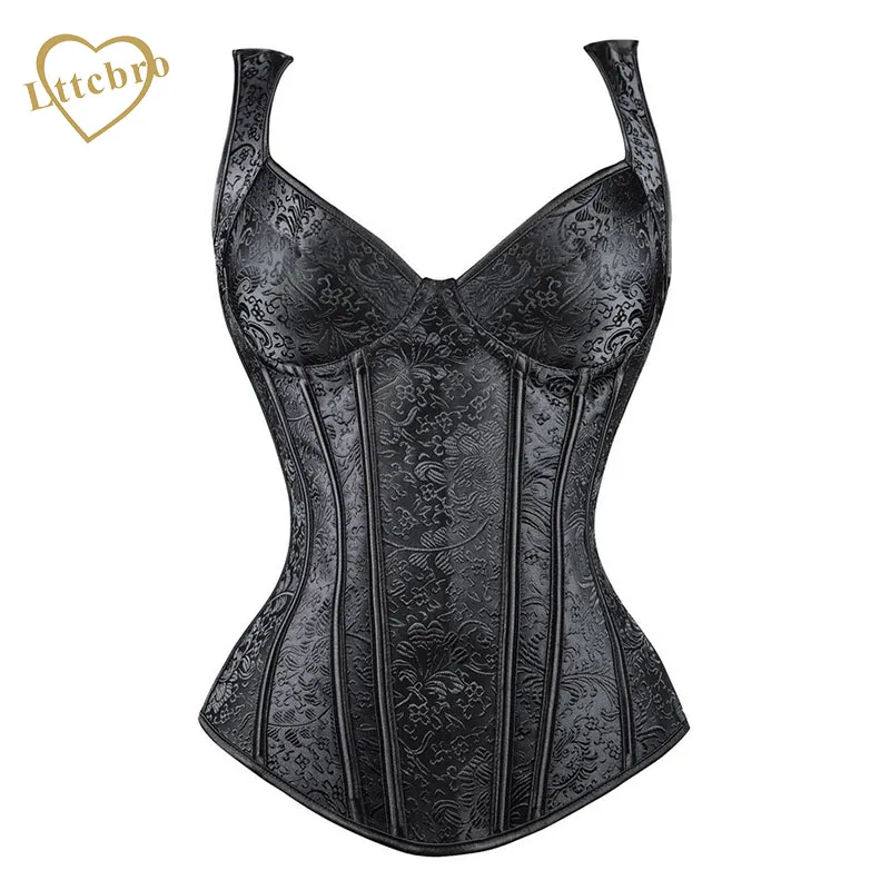 Black Corset Bustiers Gothic Jacquard Shoulder Straps Tank Overbust