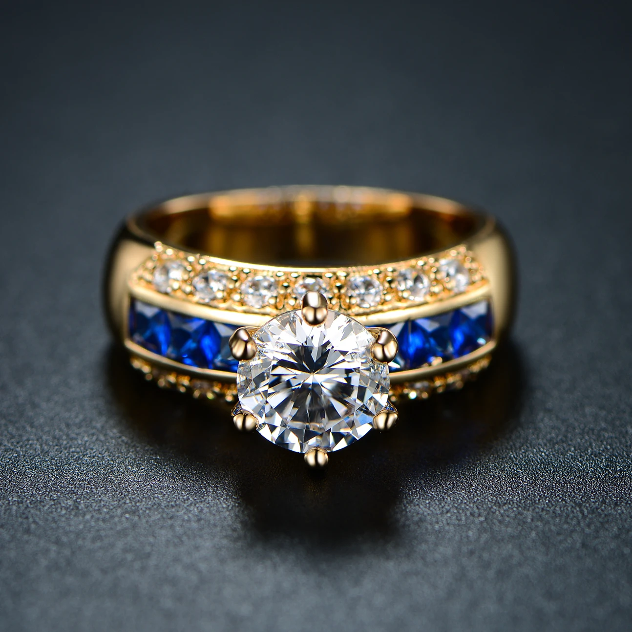 18K Gold Plated Blue Spinel & Cubic Zirconia Statement Ring R1829 (1)