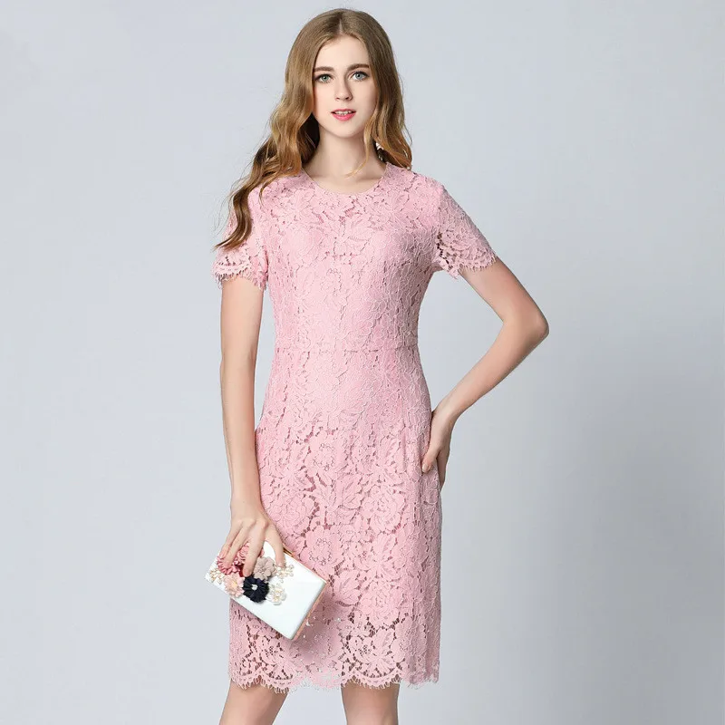 

2017 Summer Eyelash Lace Dress Plus Size Pink Dresses For Female