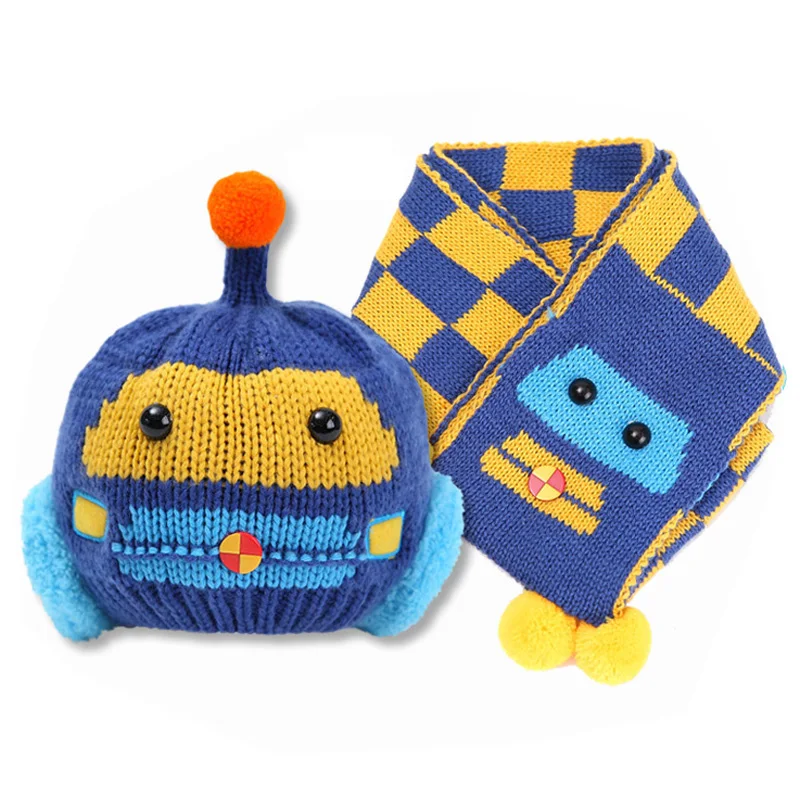 

Winter Boys Hat Scarf Set for 8 Months to 3 Years Boys and Girls Baby Car Robot Style Infant Cap Warm Kids Hats