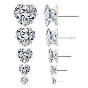 Assorted Sizes 4,5,6,7,8mm Stainless Steel Cubic Zirconia Crystal Heart  Stud Earrings Jewelry Hypoallergenic Wholesale Lot