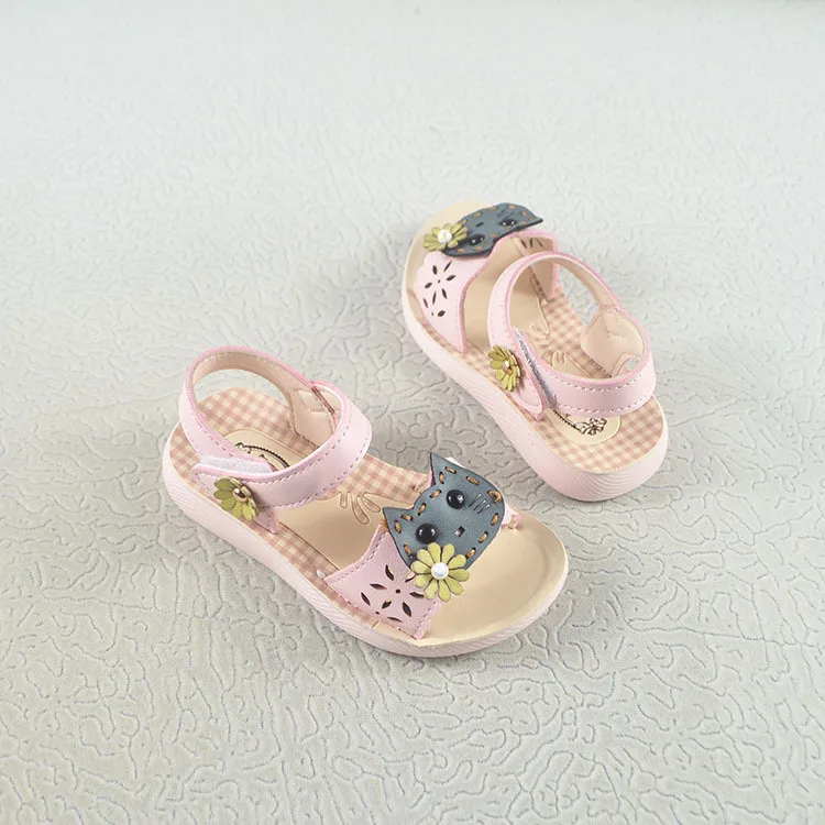 Летняя детская обувь для девочек с милым котом и цветком, детские детская обувь сандалии, сандалии для девочек, детская обувь розового и бежевого цветов KS243