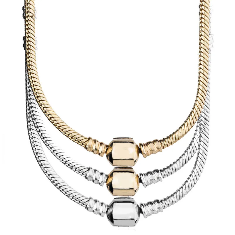 

Golden & Silver Lobster Barrel Clasp Snake Chain Necklace For Women Wedding Gift Pandora Jewelry 925 Sterling Silver Necklace