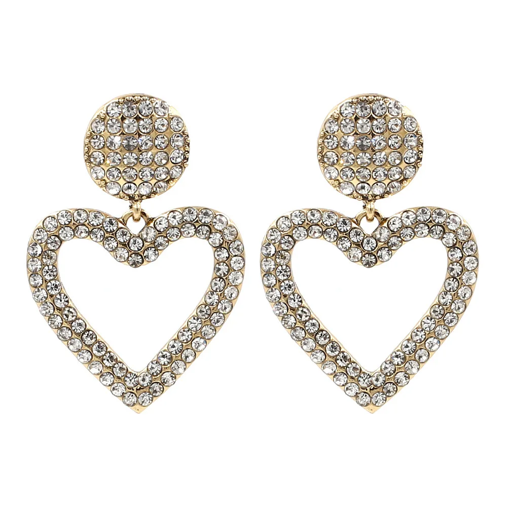 

New fashionable and atmospheric long heart-shaped pendant earrings net red with the same color inlaid drill female ear studs