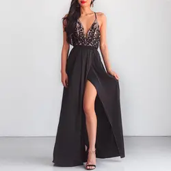 Пикантные женские платье с открытой спиной Глубокий v-образный Вырез С НАБОРНЫМИ БРЕТЕЛЬКАМИ элегантное кружевное длинное платье черный