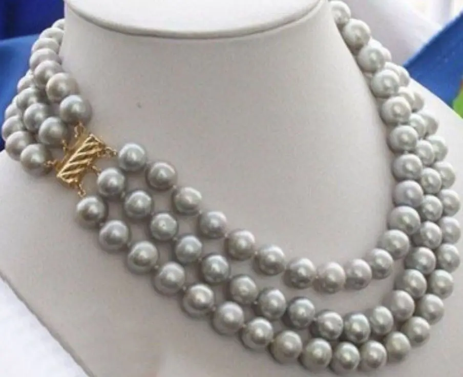 

Fast SHIPPINGnatural 3 Rows 9-10mm gray Freshwater pearl necklace 16-18 inch NEW