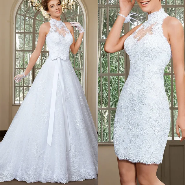 2016 de lujo de encaje blanco vestido de novia una línea de halter