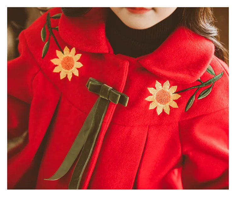 Шерстяные куртки для девочек; зимняя верхняя одежда с подсолнухами для девочек; Рождественский подарок; детская одежда; красная куртка для детей; Coat4-12Y для девочек-подростков