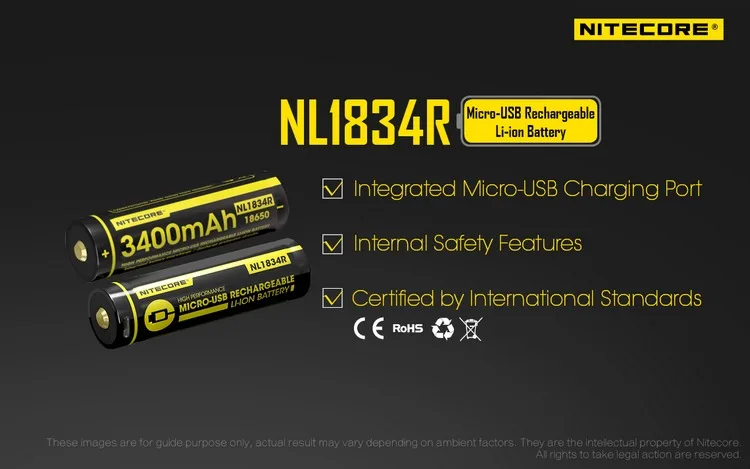 NITECORE NL1834R 3400 mAh высокопроизводительная микро-usb литий-ионная аккумуляторная батарея 12.24Wh 3,6 V Кнопка Топ 18650 защищенная батарея